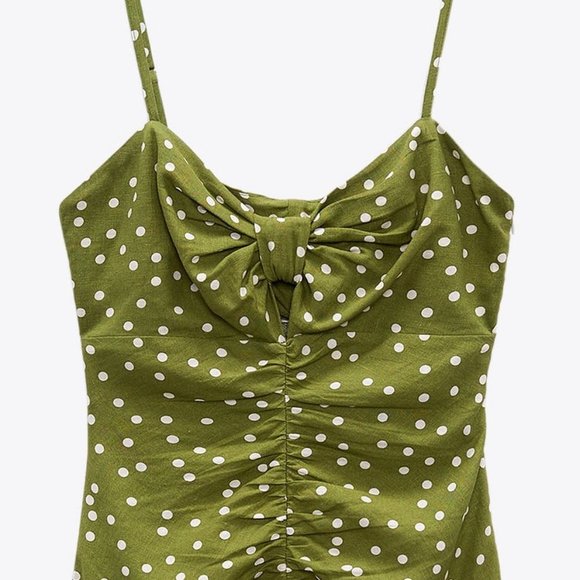 NEW Zara Linen Blend Bow Knot Cutout Polka Dot Draped Ruched Ruffle Mini Dress L - Picture 9 of 10